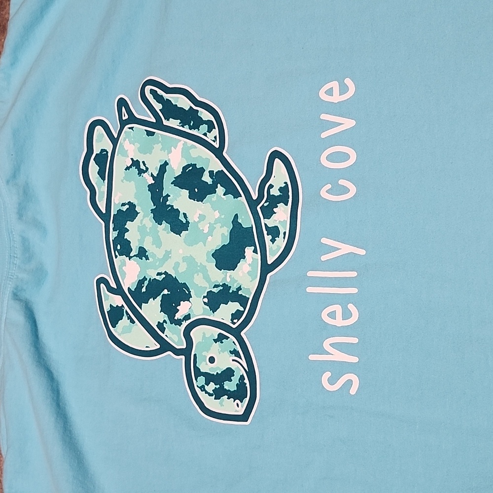 SHELLY COVE TEAL CAMO TURTLE GRAPHIC CREW-NECK SHORT-SLEEVE TEE-SHIRT L